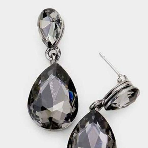Black Diamond Crystal Double Teardrop Dangle Earrings - Picture 2 of 5